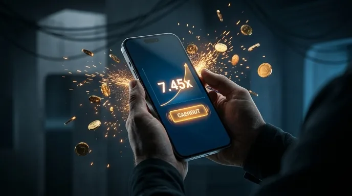 Smartphone met de mobiele 30bet-omgeving en een crashgame met cashout-knop in beeld